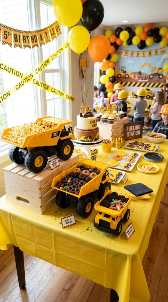 dump truck dessert table with snacks for kids birthday party
