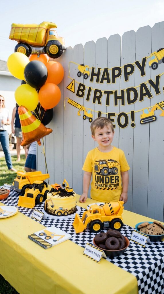 Kid wearing dump truck graphic t-shirt birthday outfit