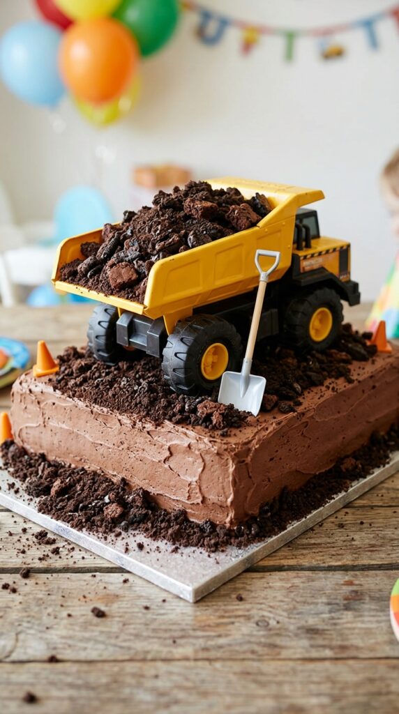 Dump truck construction birthday cake with chocolate dirt