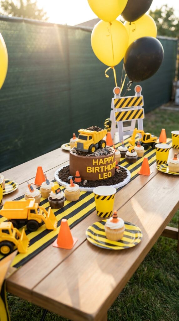 Dump truck cake display construction party setup
