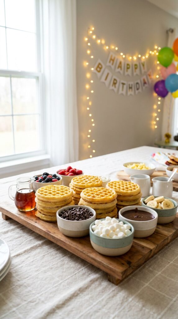 Eggo waffle party station with toppings for Stranger Things birthday