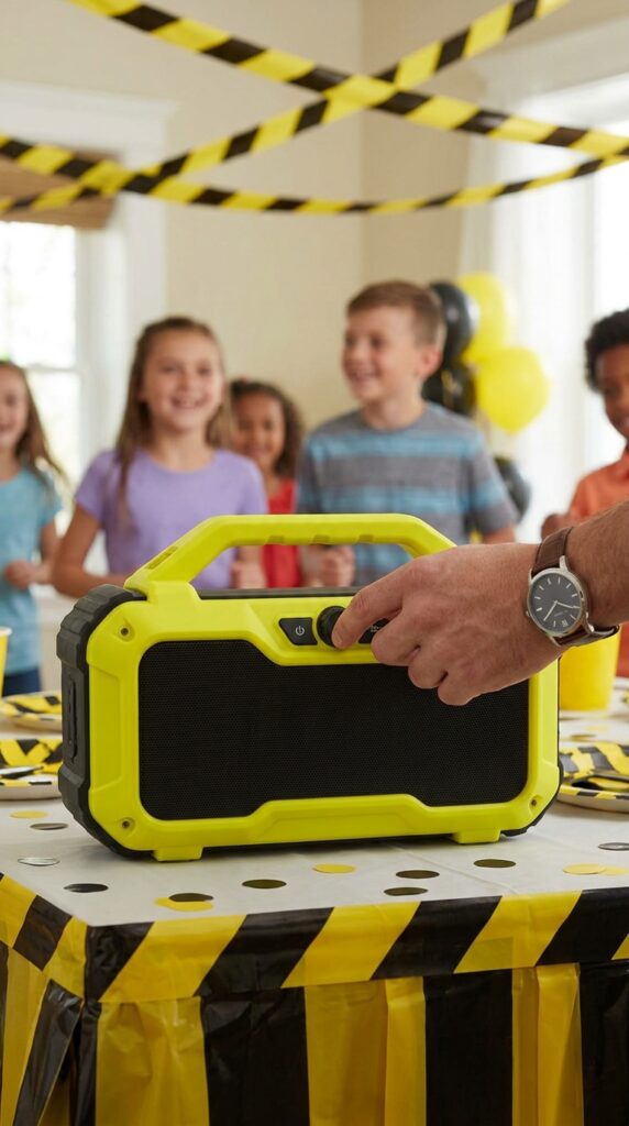 Children dance together in a lively party area with music playing, celebrating with energetic movement and ending the event on a fun and joyful note.