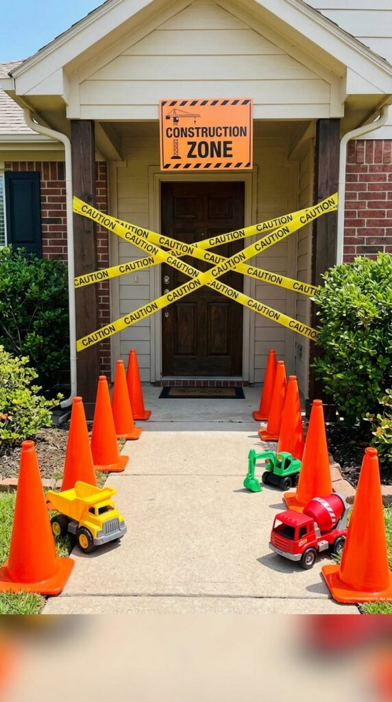 A bold entrance with caution signs, cones, and tape makes kids feel like they're stepping into a real work zone.