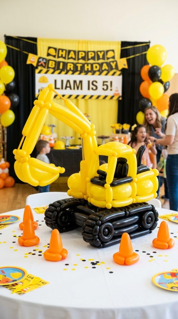 "A yellow excavator-shaped balloon sculpture made with twisted modeling balloons for the arm, round balloons for the cab, and black balloons as wheels, displayed as a fun construction-themed focal point."