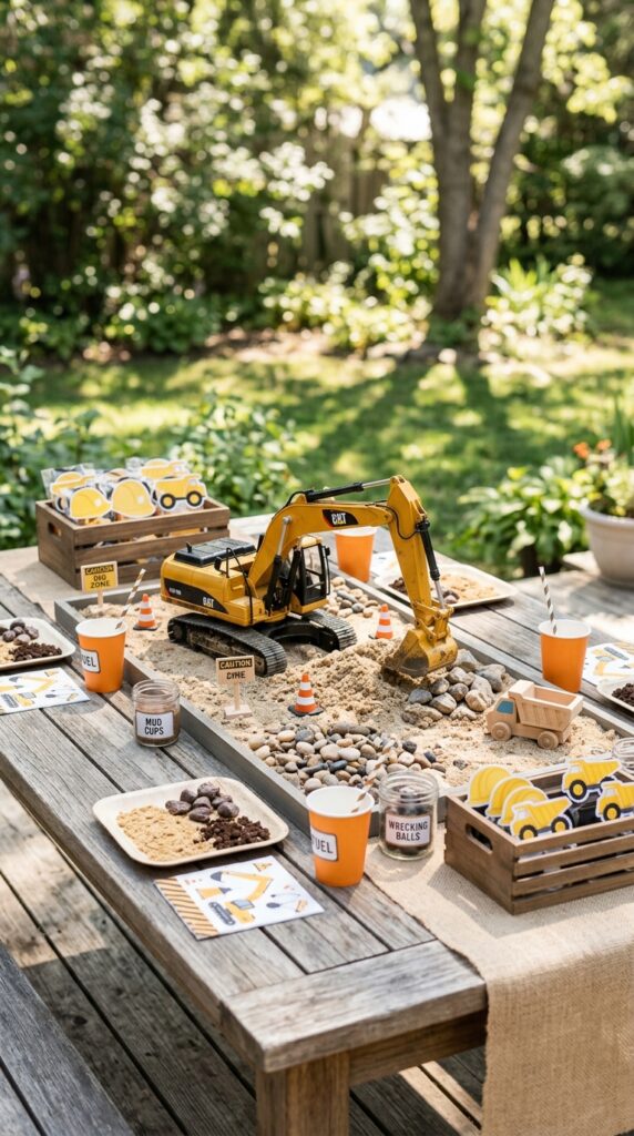Excavator toy centerpiece with sand and rocks