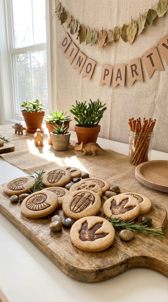 Dinosaur fossil cookies with imprint design on party table