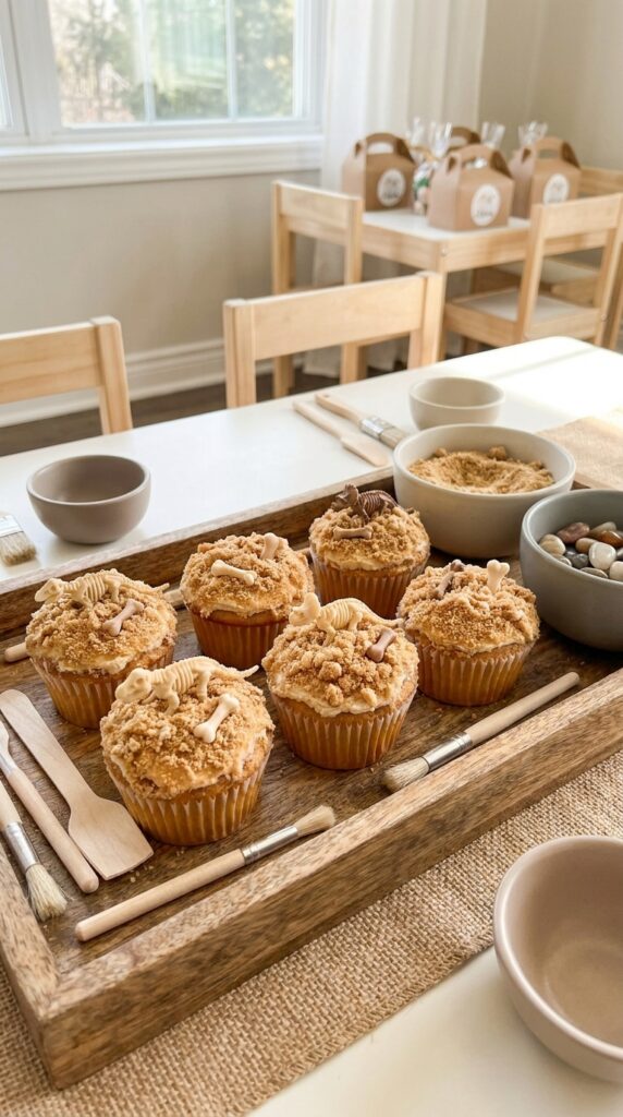 Fossil themed cupcakes with sandy texture and decorations
