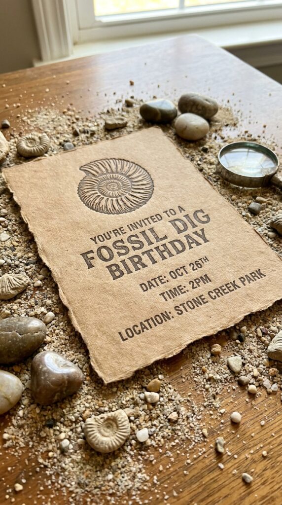 Fossil themed dinosaur invitation with rustic design