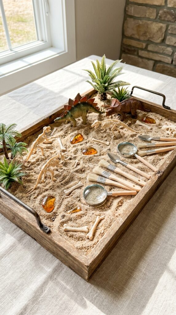 Fossil dig dinosaur centerpiece with sand and bones