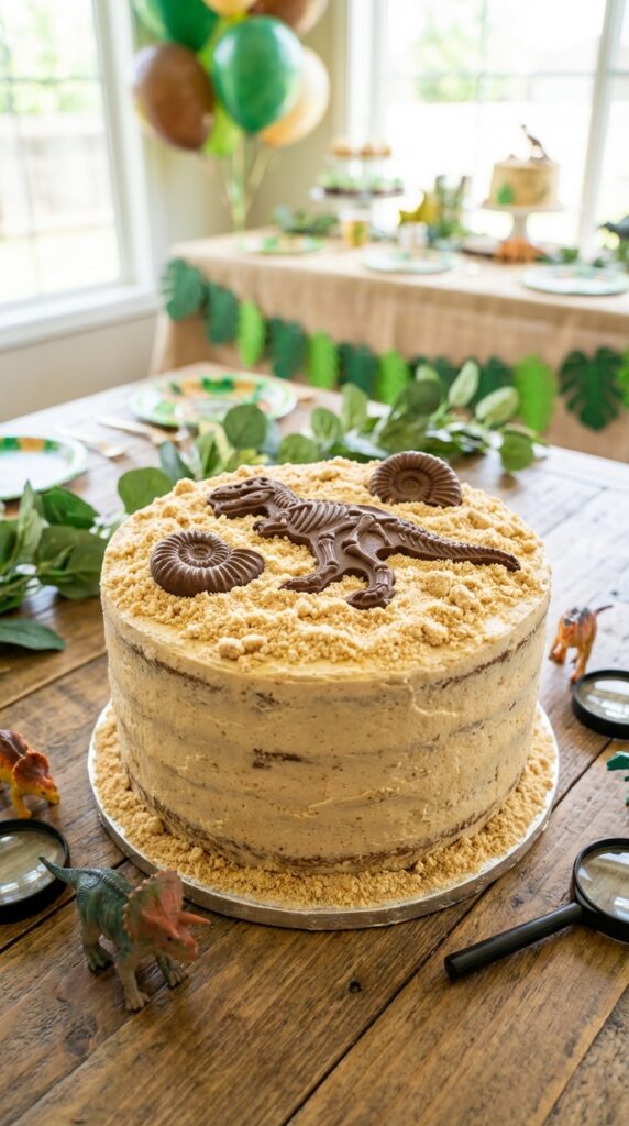 Dinosaur fossil cake with sandy texture and fossil imprints
