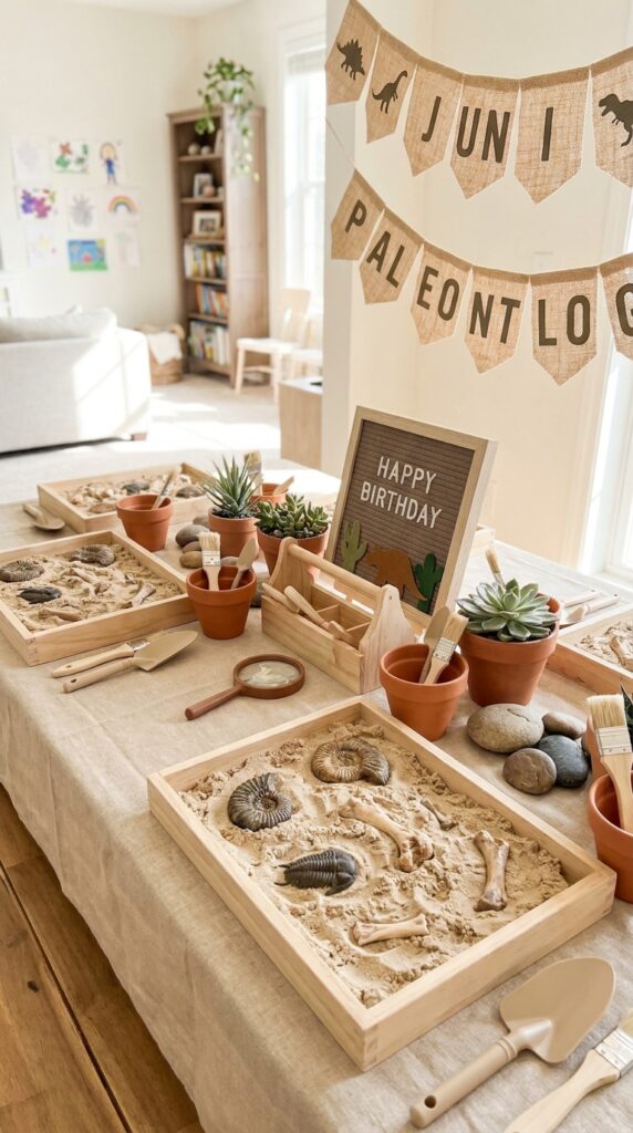 Fossil excavation themed birthday party table with sand and props