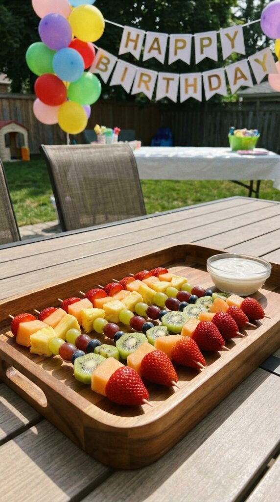 Colorful fruit skewers arranged neatly on tray