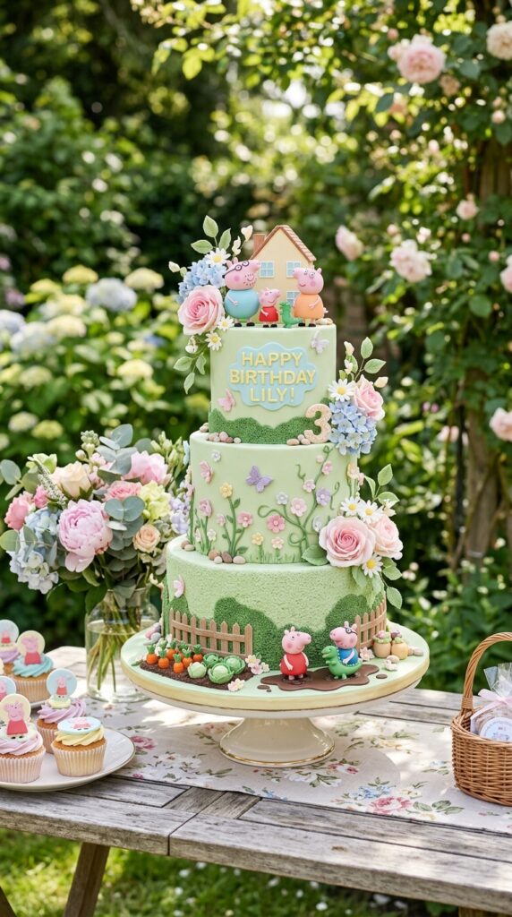 Garden themed Peppa Pig cake with green frosting and figurines