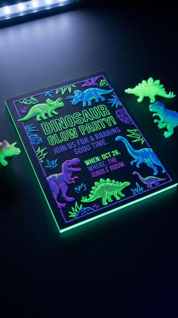 Glow themed dinosaur invitation with neon elements