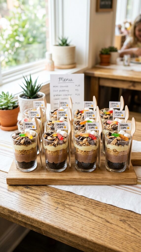 Gravel themed dessert cups construction party