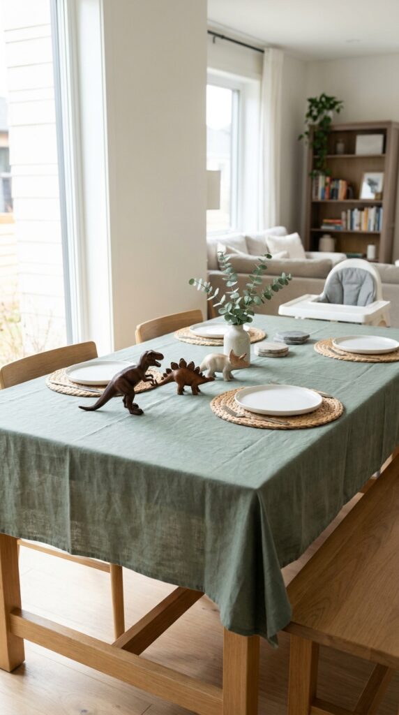 Minimal green dinosaur birthday table setup
