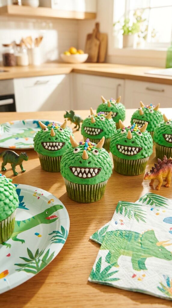 Green monster dinosaur cupcakes with playful designs