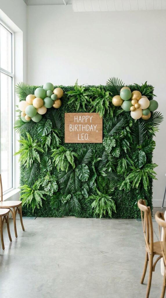 Green leaf wall dinosaur party backdrop