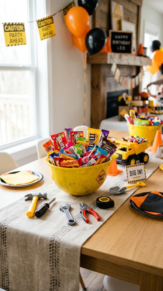 Construction helmet used as candy bowl centerpiece