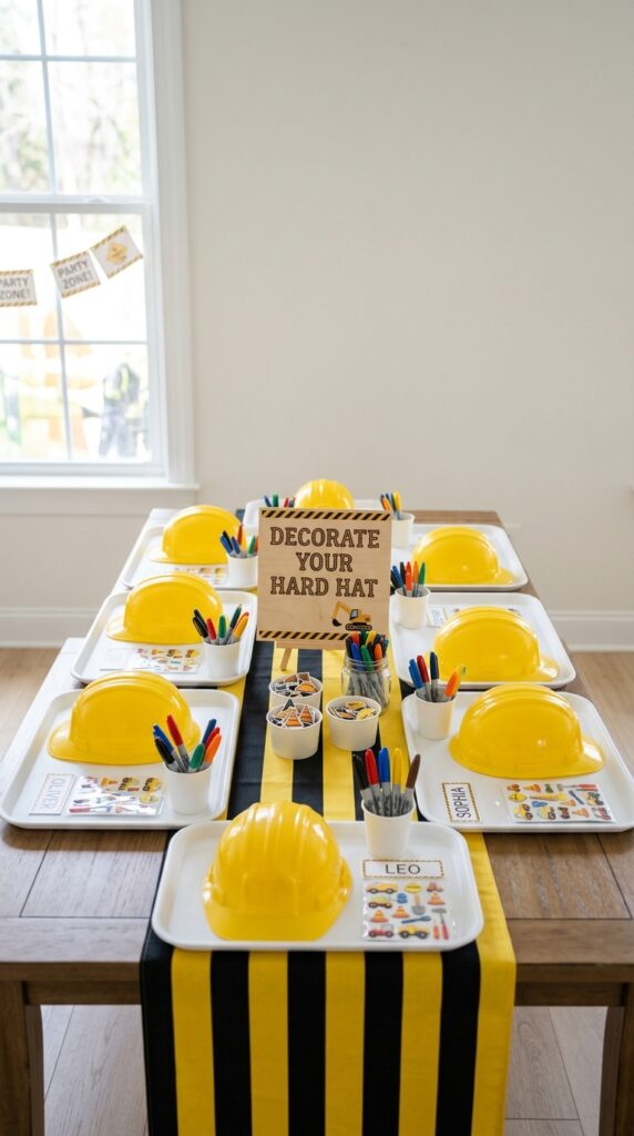 kids decorating construction hard hats at party