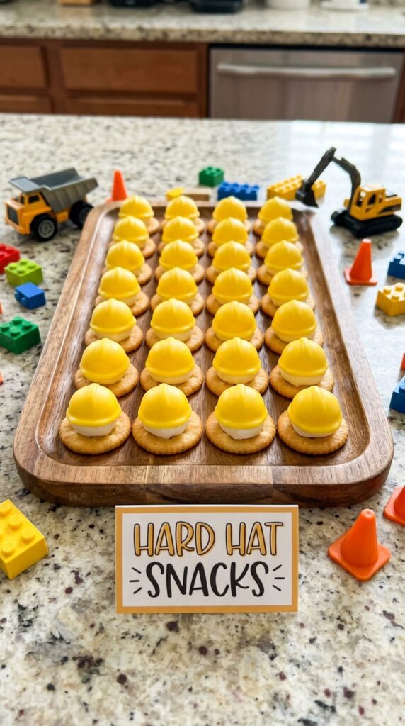 yellow cheese balls shaped like construction helmets
