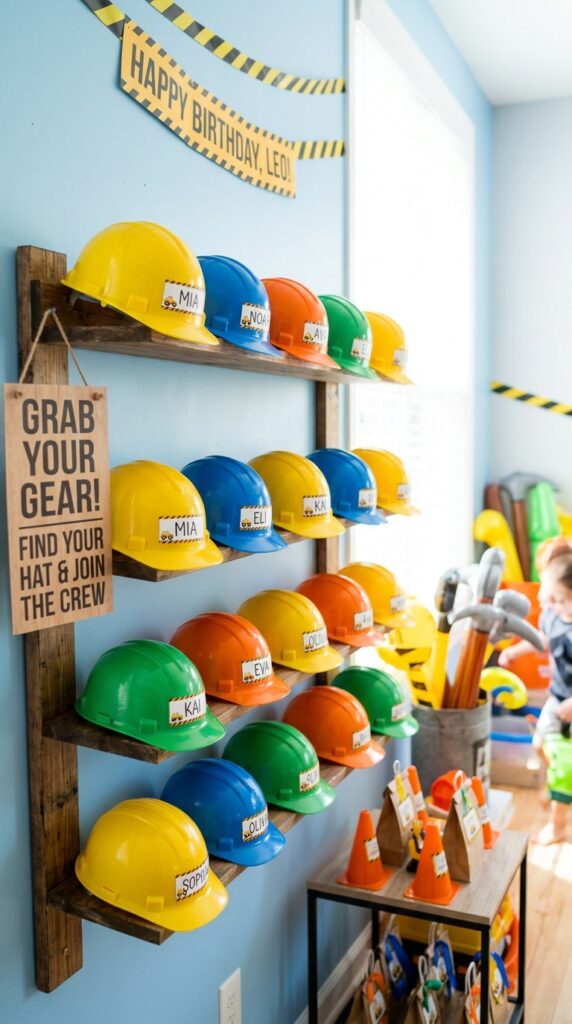 hard hat display construction party backdrop