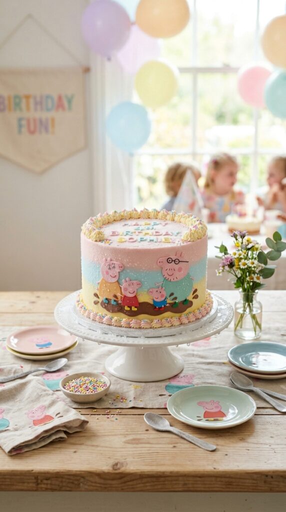 Ice cream layer cake with Peppa Pig themed decorations