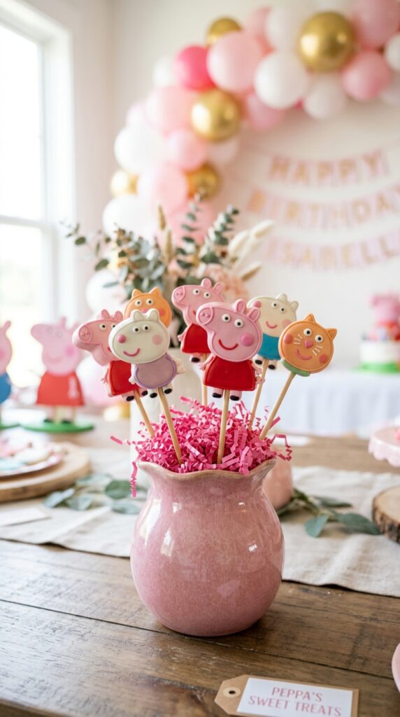 Peppa Pig themed cake pop centerpiece in pink vase with character-decorated treats for birthday party table