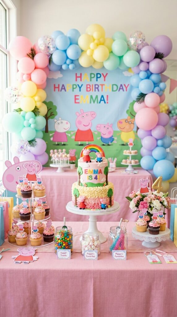 Peppa Pig birthday party dessert table centerpiece display with cake, cupcakes, and themed backdrop.