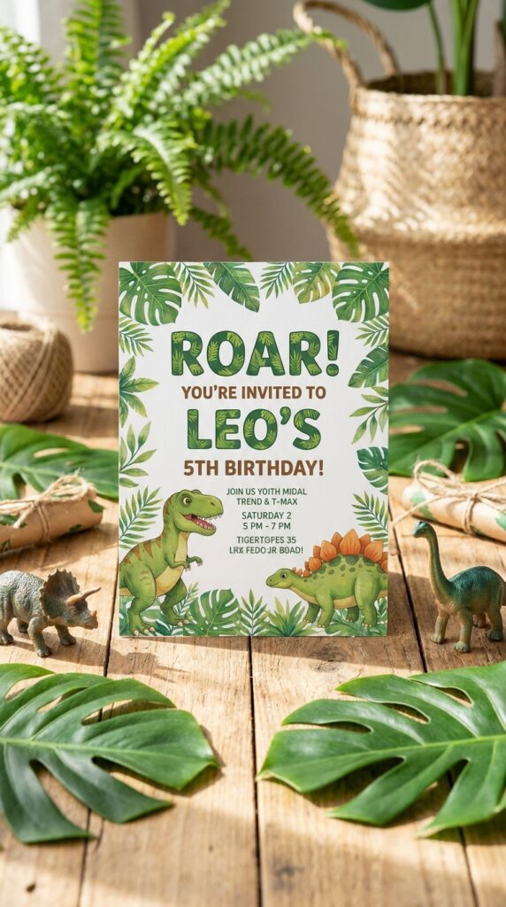 Jungle-themed dinosaur birthday invitation with leaves and footprints
