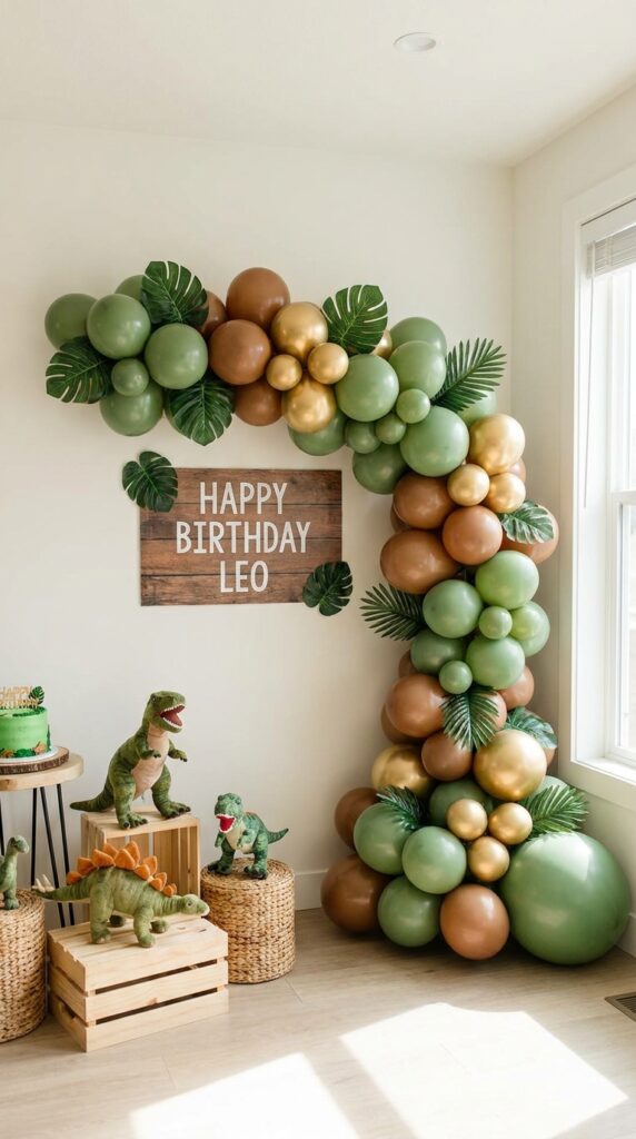 Jungle dinosaur balloon arch backdrop with green balloons and leaves