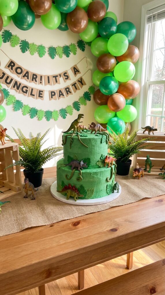 Jungle-themed dinosaur birthday cake with green leaves and toy dinosaurs