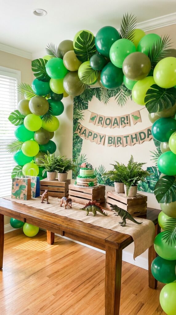 Jungle dinosaur birthday party setup with green balloons and plants