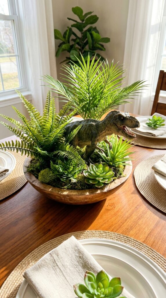 Jungle themed dinosaur centerpiece with leaves and plants