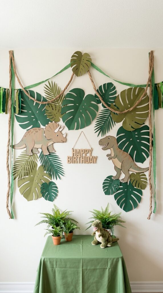 Jungle backdrop with dinosaur decorations