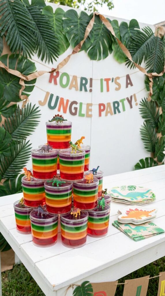 Colorful jurassic jelly cups with dinosaur toppers on party table