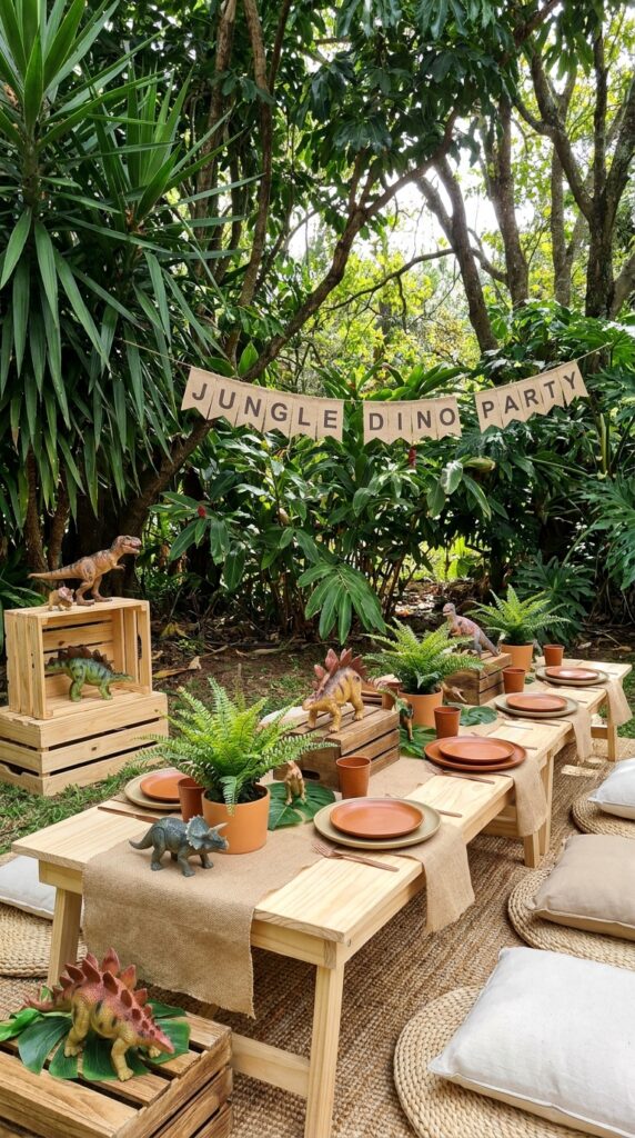 Jungle dinosaur birthday party setup with greenery and earthy decorations