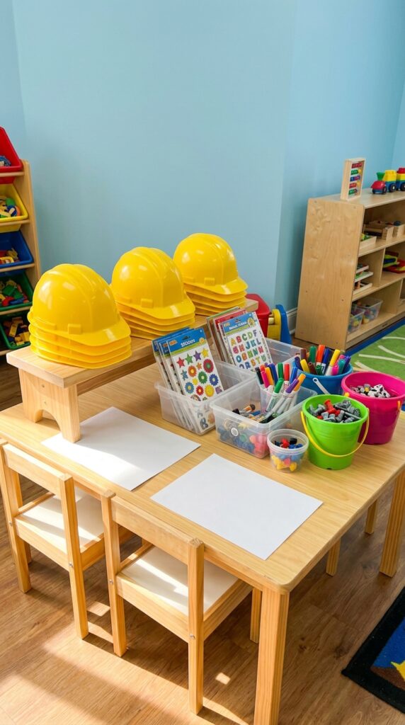 Children decorate their own construction hats using stickers, markers, and craft materials, creating personalized designs that they can wear during the activity and take home as a party favor.
