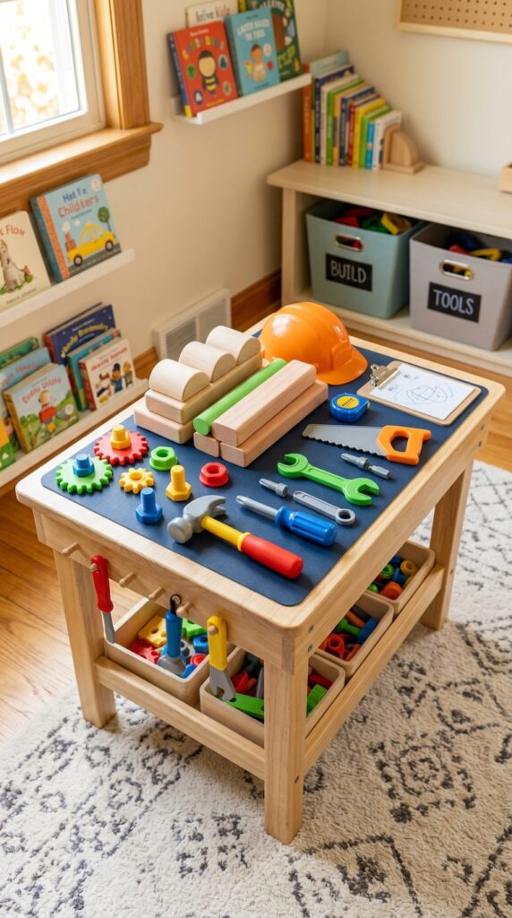 A mini workbench setup with toy tools where children pretend to fix and build items, engaging in imaginative construction play.