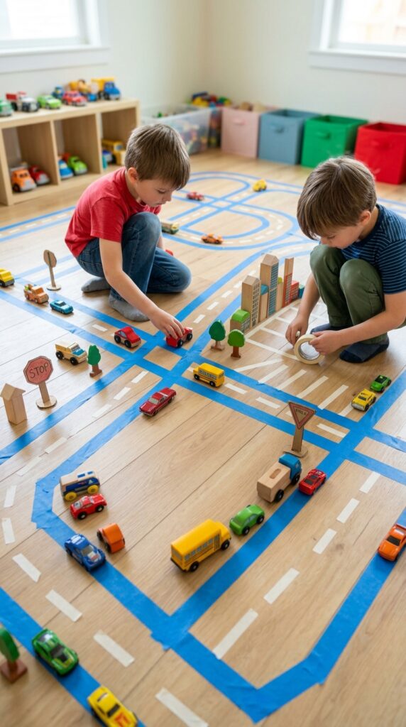 Children use tape on the floor to design roads and pathways, then play with toy cars along the routes, engaging in open-ended creative play