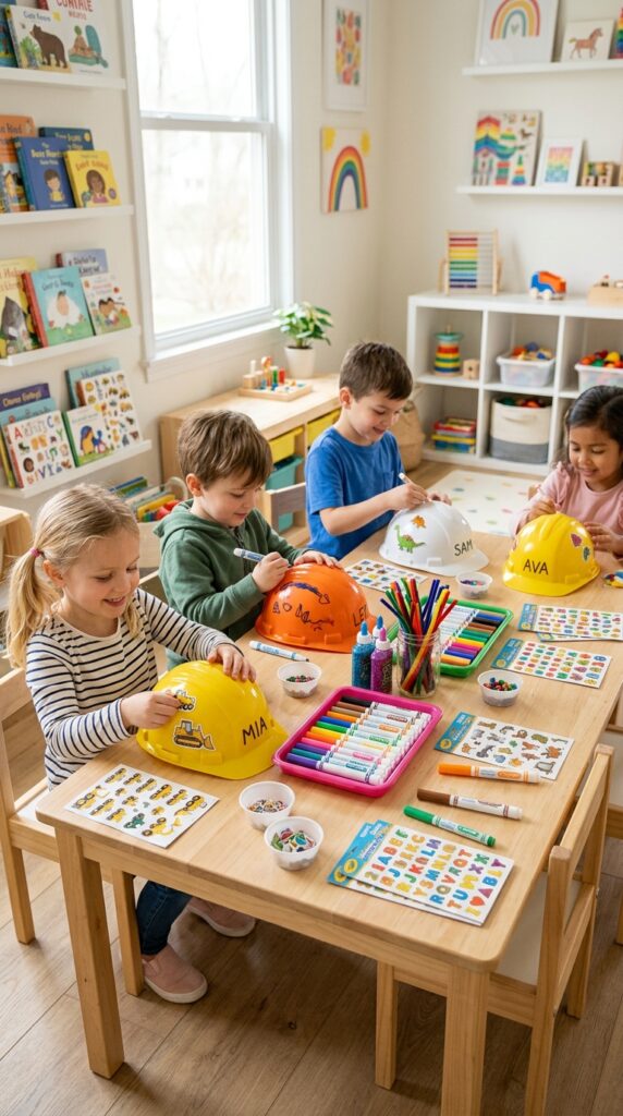 Kids decorating hard hats at a construction birthday party
