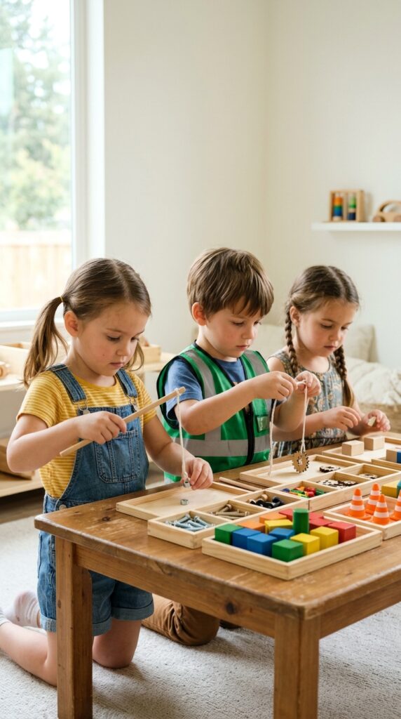 Kids using string to lift objects like crane