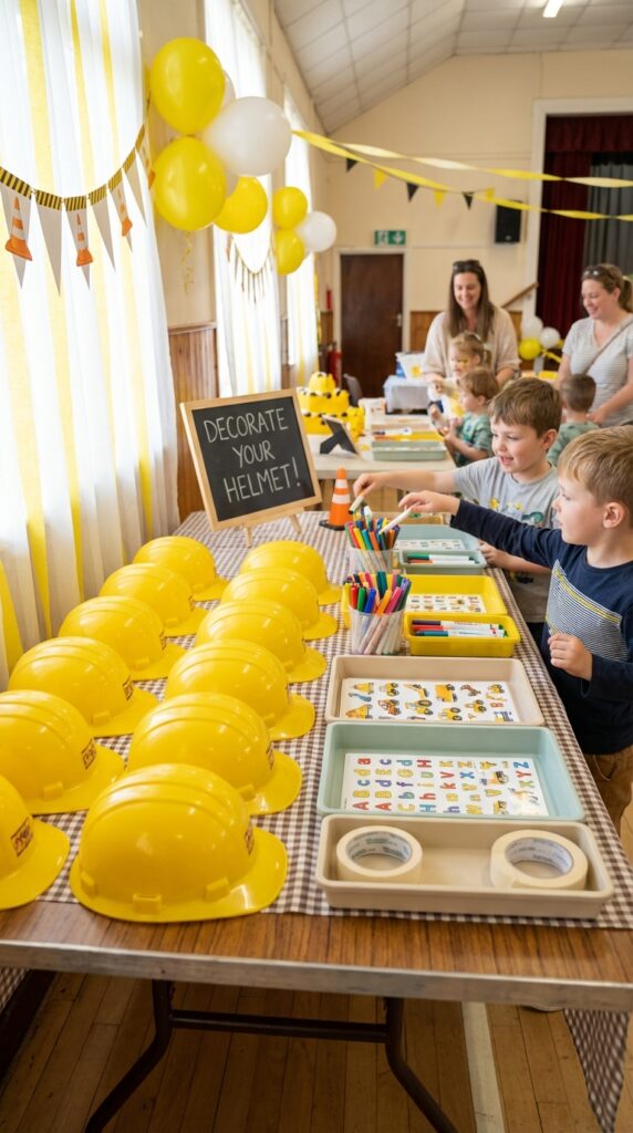 Kids decorating construction hard hats at birthday party