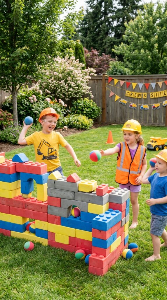 Kids searching for hidden tools at construction party