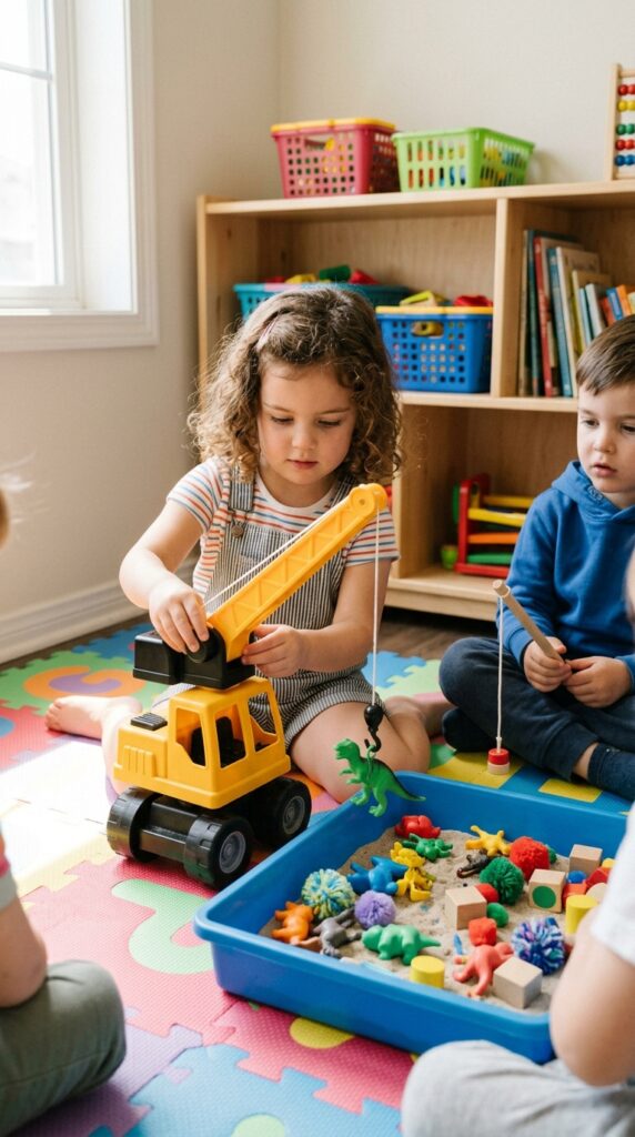 Children use toy cranes or strings to lift small objects in a play area, practicing fine motor skills while engaging in fun, construction-themed activity.