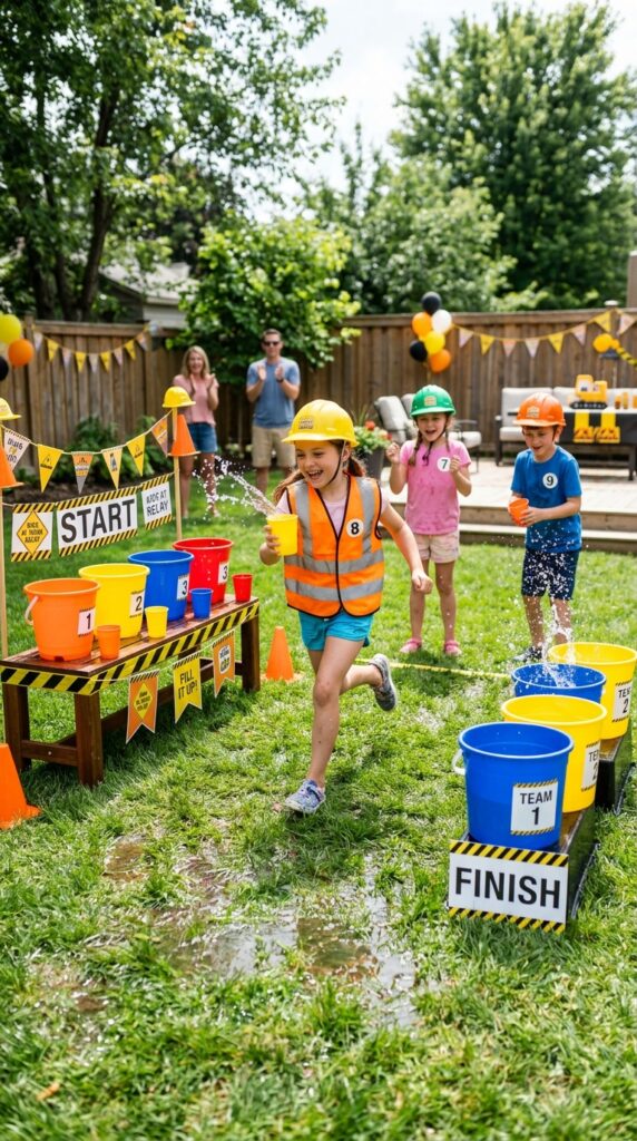 Kids playing water relay game at construction party