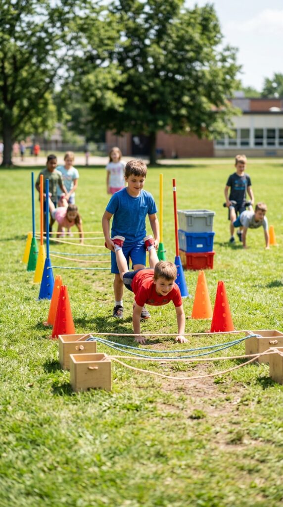 Kids doing wheelbarrow race through obstacle course