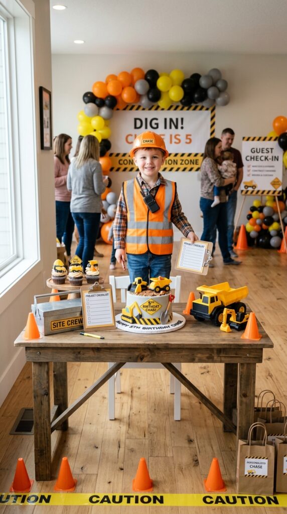 Kid dressed as construction foreman with vest and plaid shirt