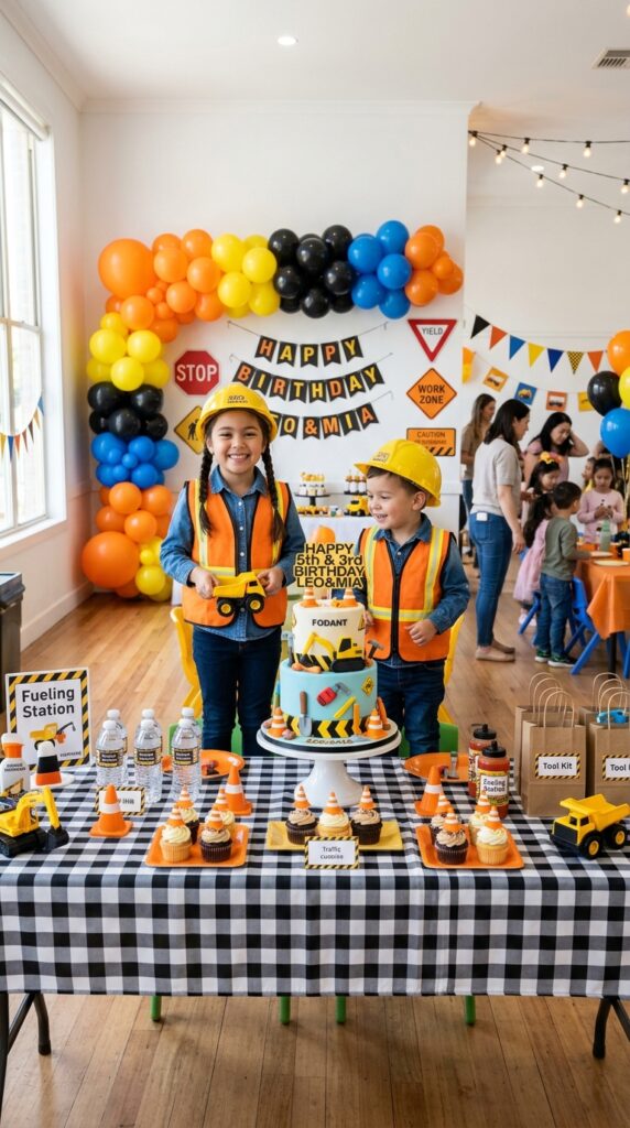 Siblings wearing matching construction birthday outfits