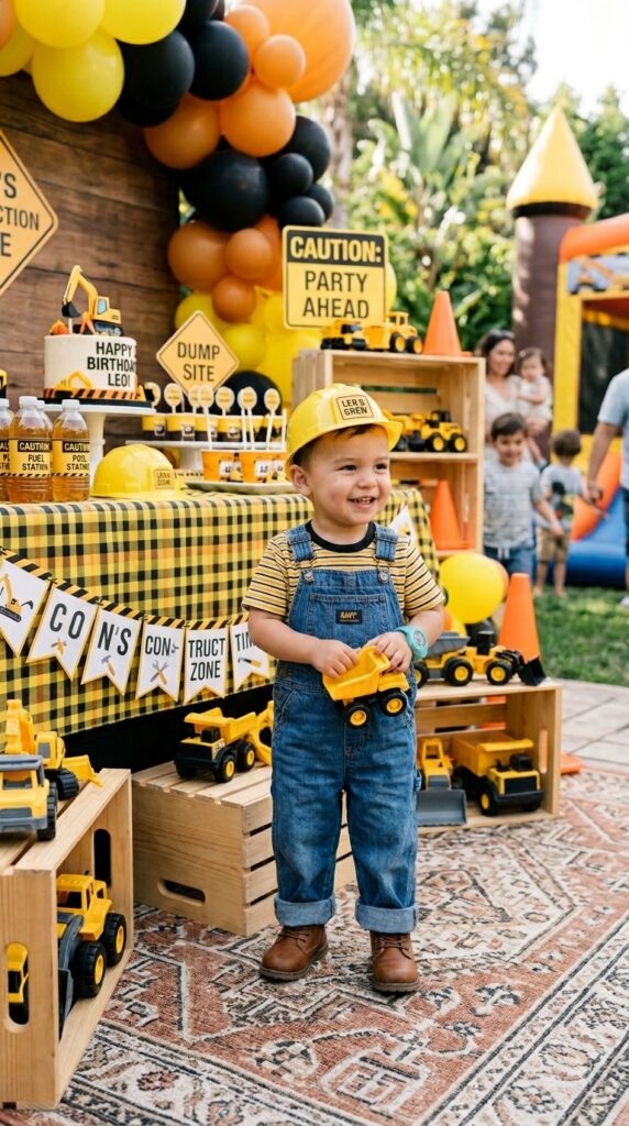 Toddler in denim overalls construction themed birthday outfit